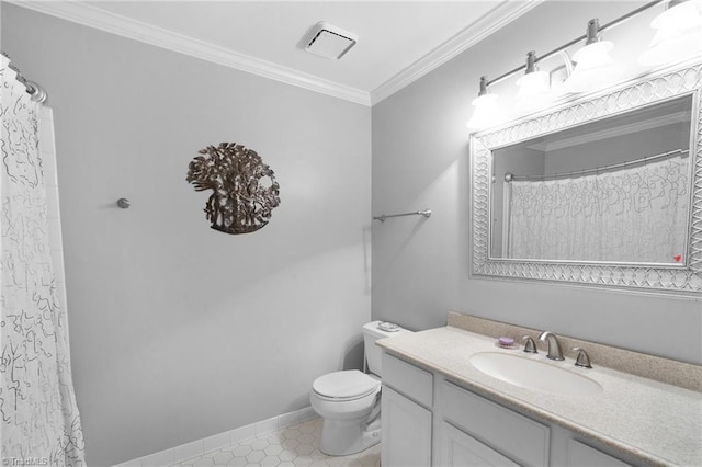 4105 Waldenbrook Rd, Greensboro, NC 27407 - bathroom featuring tile patterned floors, toilet, visible vents, vanity, and ornamental molding