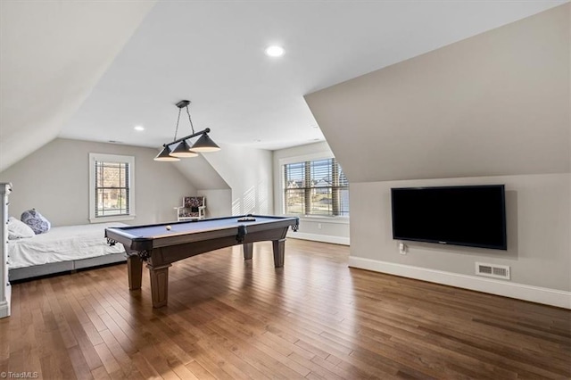 playroom featuring hardwood / wood-style floors, plenty of natural light, pool table, and vaulted ceiling