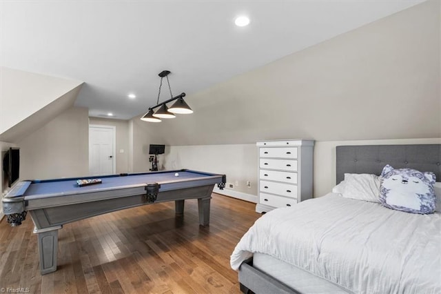 bedroom with lofted ceiling, wood-type flooring, and billiards