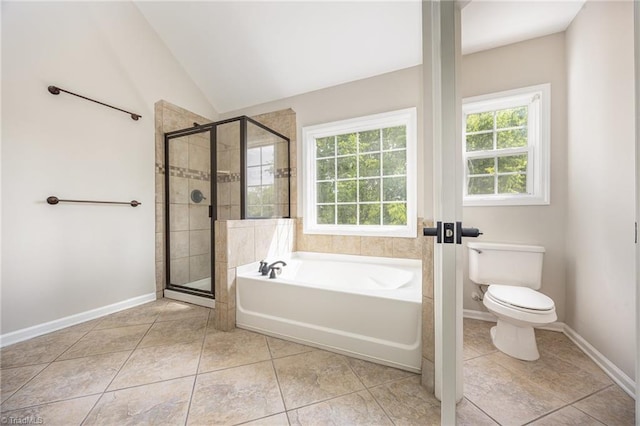 3510 Meadow Glen Ct, Clemmons, NC 27012 - full bath with tile patterned floors, a garden tub, lofted ceiling, and a stall shower