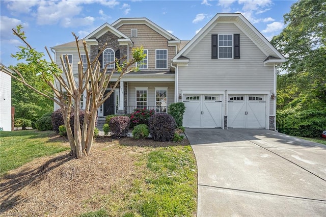 3510 Meadow Glen Ct, Clemmons, NC 27012 - view of front facade featuring stone siding, a garage, concrete driveway, a front yard, and a porch