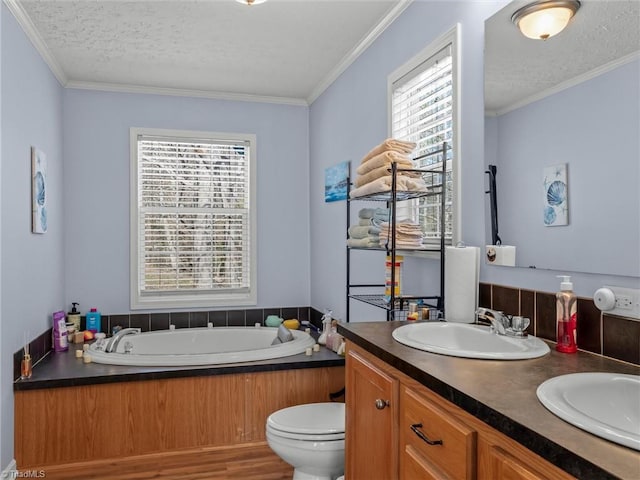 full bath with a healthy amount of sunlight, a textured ceiling, ornamental molding, and a sink