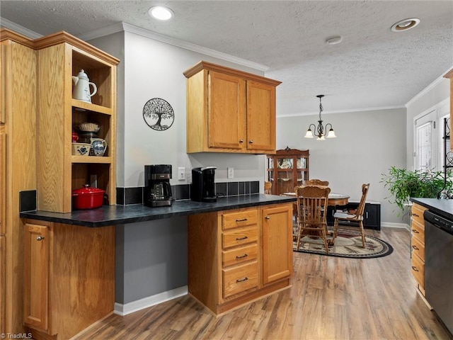 kitchen featuring ornamental molding, dishwasher, open shelves, light wood finished floors, and dark countertops