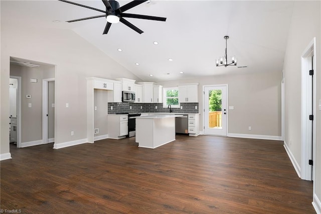 3902 NC Highway 47, Lexington, NC 27292 - kitchen with appliances with stainless steel finishes, a center island, a ceiling fan, a chandelier, and open floor plan