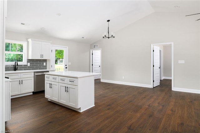 3902 NC Highway 47, Lexington, NC 27292 - kitchen with dishwasher, light countertops, healthy amount of natural light, a chandelier, and high vaulted ceiling