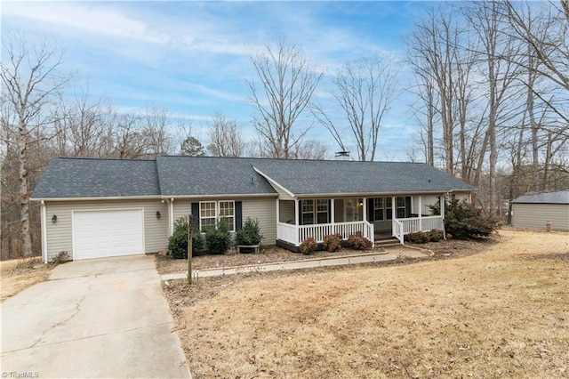 ranch-style home featuring a porch and a garage