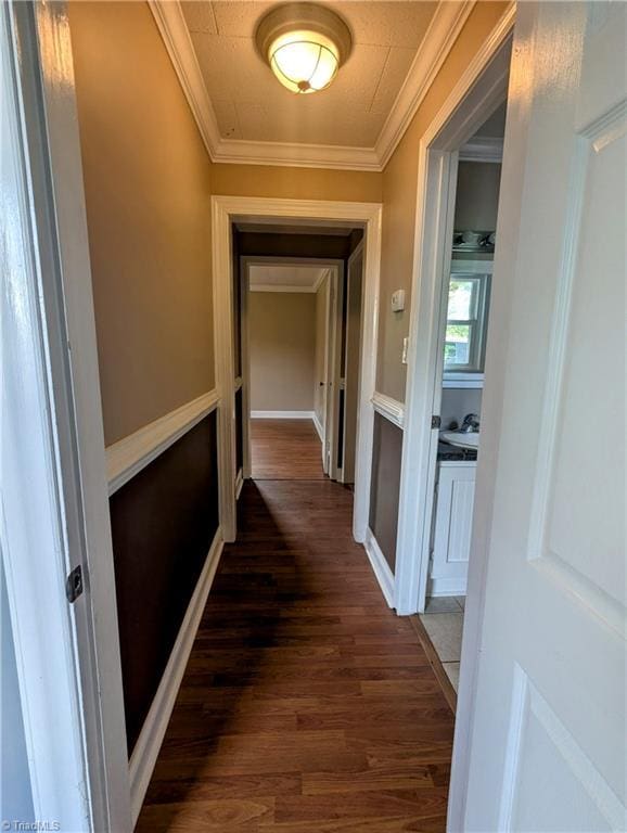 5675 Main St, Bethania, NC 27040 - hallway featuring dark wood finished floors and crown molding