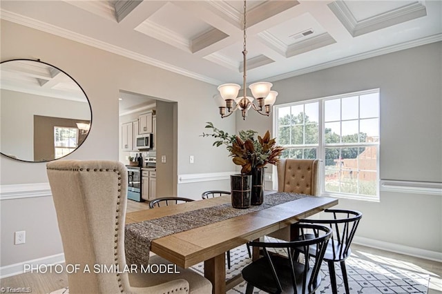 dining space with ornamental molding, coffered ceiling, a chandelier, and beam ceiling