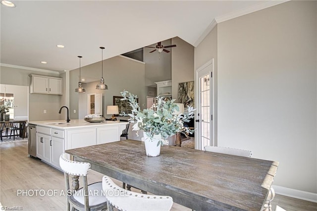 dining space featuring crown molding, sink, ceiling fan, and light wood-type flooring