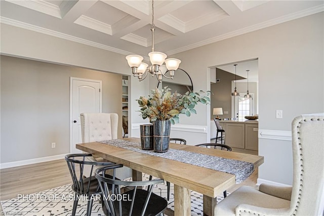 dining room featuring coffered ceiling, an inviting chandelier, crown molding, light hardwood / wood-style flooring, and beamed ceiling