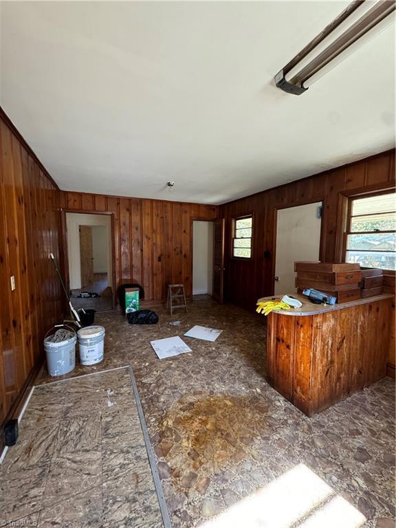 living room with a healthy amount of sunlight and wooden walls