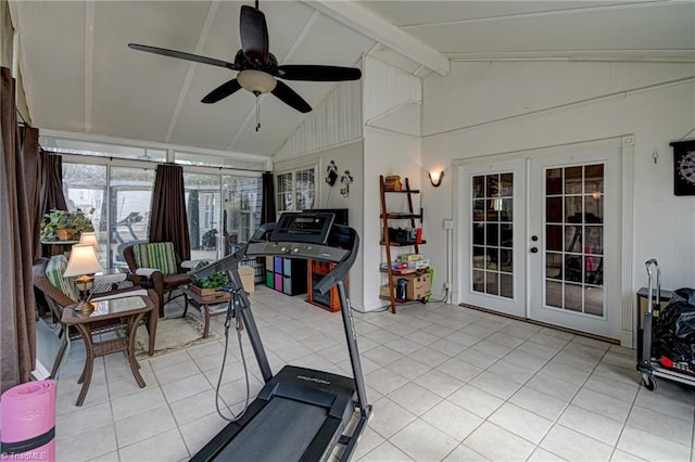 workout area featuring light tile patterned floors, french doors, high vaulted ceiling, and a ceiling fan