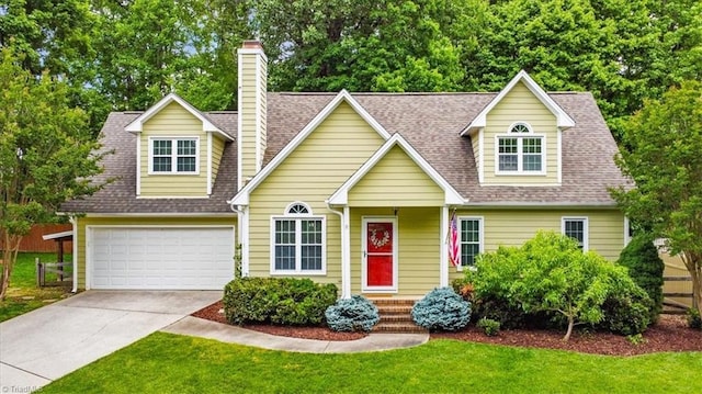 view of front of property with a shingled roof, driveway, and a front lawn