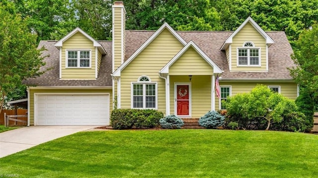 view of front of property with a chimney, fence, a shingled roof, concrete driveway, and a front yard