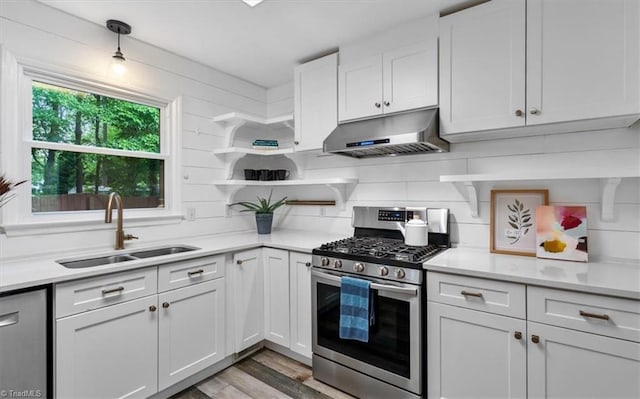 kitchen with under cabinet range hood, stainless steel appliances, white cabinetry, and a sink
