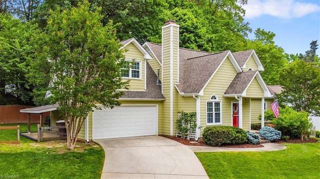 view of front of home featuring a shingled roof, concrete driveway, a front yard, and a garage