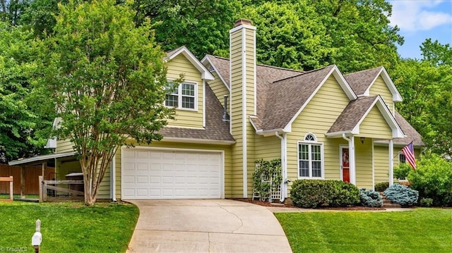 view of front facade featuring a garage, a chimney, concrete driveway, a front lawn, and roof with shingles