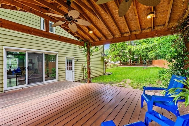 deck featuring a fenced backyard, a ceiling fan, and a lawn