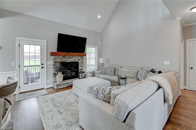 231 Plumstead Ln, Clemmons, NC 27012 - living area featuring a fireplace, wood finished floors, recessed lighting, and high vaulted ceiling
