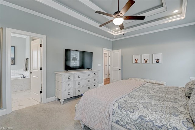 231 Plumstead Ln, Clemmons, NC 27012 - bedroom featuring ornamental molding, a tray ceiling, recessed lighting, baseboards, and ceiling fan