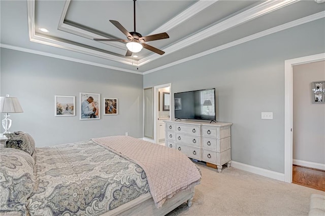 231 Plumstead Ln, Clemmons, NC 27012 - bedroom with ornamental molding, a tray ceiling, baseboards, light colored carpet, and a ceiling fan