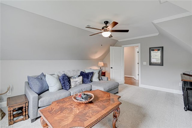 231 Plumstead Ln, Clemmons, NC 27012 - living area with light carpet, ceiling fan, vaulted ceiling, and baseboards