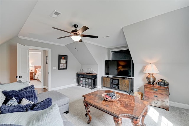 231 Plumstead Ln, Clemmons, NC 27012 - carpeted living room with a ceiling fan, lofted ceiling, baseboards, and crown molding