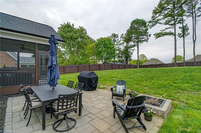 231 Plumstead Ln, Clemmons, NC 27012 - view of patio / terrace featuring an outdoor fire pit, grilling area, outdoor dining space, and ceiling fan