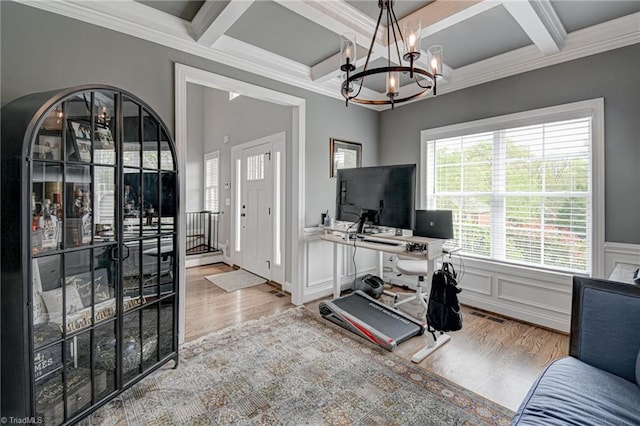 231 Plumstead Ln, Clemmons, NC 27012 - office area with coffered ceiling, a chandelier, wood finished floors, ornamental molding, and beamed ceiling