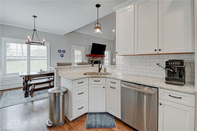 231 Plumstead Ln, Clemmons, NC 27012 - kitchen featuring stainless steel dishwasher, a sink, a peninsula, light wood-style flooring, and white cabinets