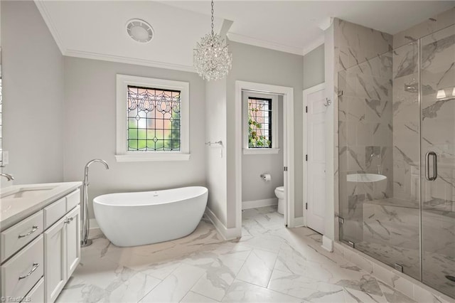 full bathroom with a soaking tub, baseboards, a marble finish shower, ornamental molding, and marble finish floor
