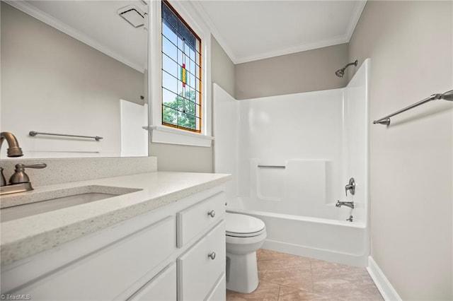 full bathroom with washtub / shower combination, crown molding, baseboards, toilet, and vanity