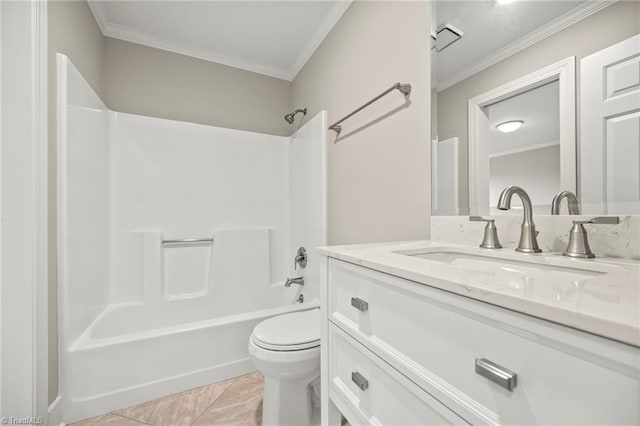 full bathroom with crown molding, toilet, shower / tub combination, and vanity