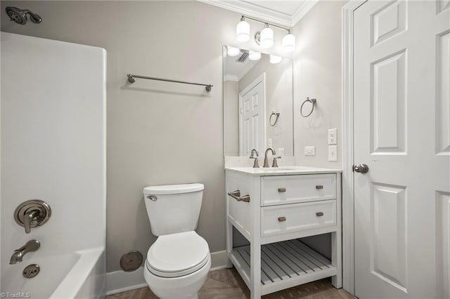 bathroom featuring visible vents, baseboards, toilet, ornamental molding, and vanity