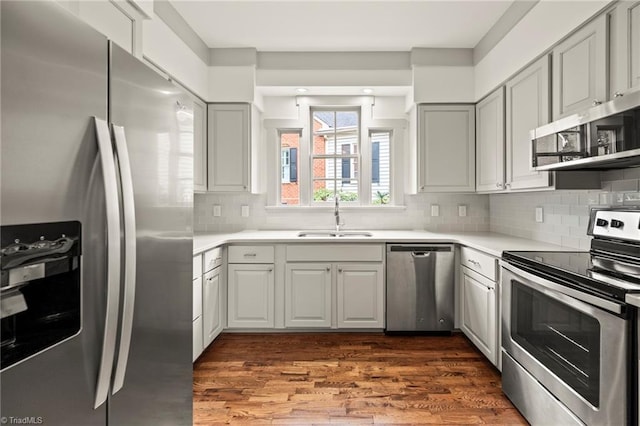 kitchen featuring dark wood-style floors, a sink, backsplash, light countertops, and appliances with stainless steel finishes
