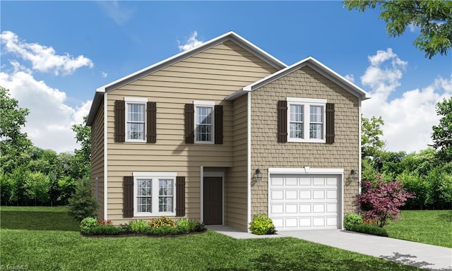 view of front of home featuring an attached garage, a front lawn, and driveway
