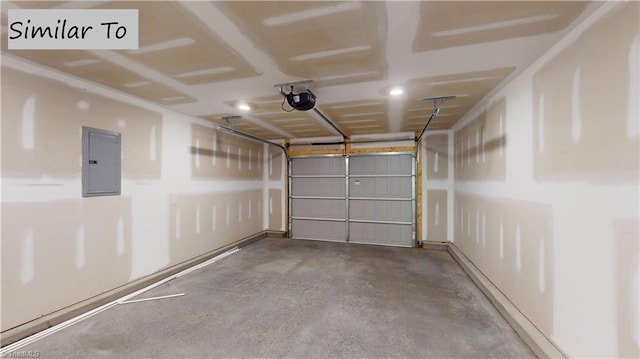 garage featuring electric panel and a garage door opener