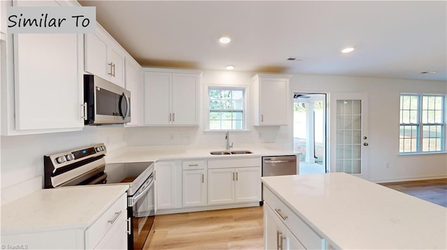 kitchen featuring white cabinetry, sink, stainless steel appliances, and light wood-type flooring