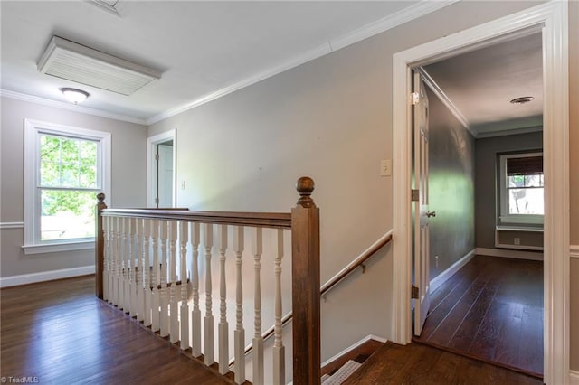4602 Forest Glen Rd, Greensboro, NC 27410 - hall featuring an upstairs landing, hardwood / wood-style floors, baseboards, and ornamental molding
