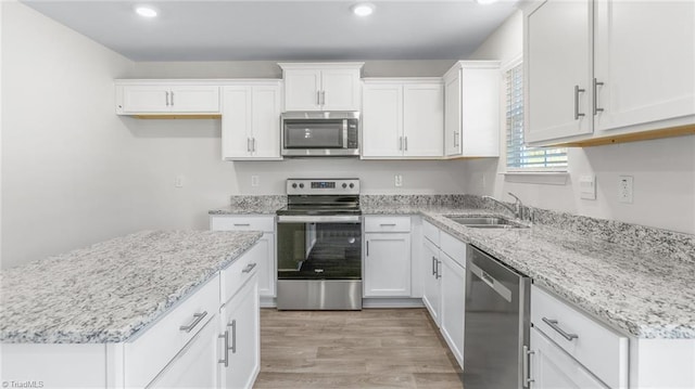 821 Merriweather Dr, King, NC 27021 - kitchen featuring stainless steel appliances, a sink, recessed lighting, white cabinetry, and light wood finished floors