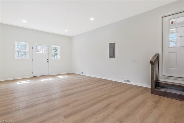 4566 Fork Rd, Norwood, NC 28128 - foyer entrance featuring electric panel, light wood-type flooring, baseboards, and recessed lighting