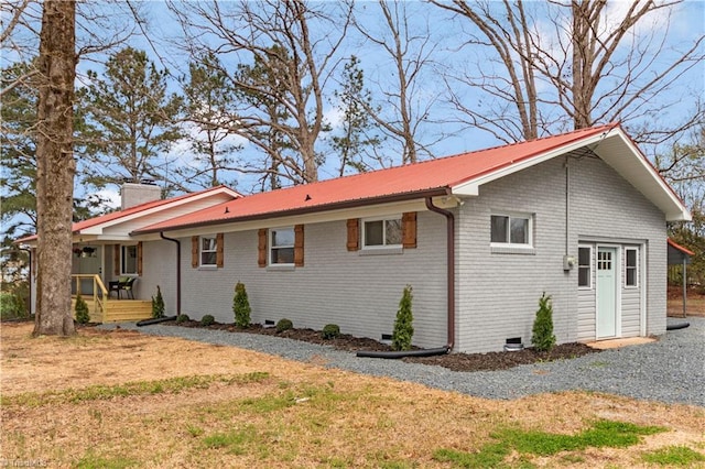 4566 Fork Rd, Norwood, NC 28128 - view of property exterior featuring metal roof, crawl space, a chimney, and brick siding