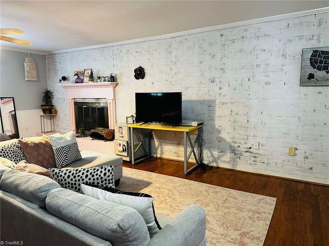 living room featuring dark wood-type flooring and crown molding