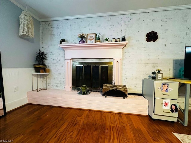 living area featuring ornamental molding, a fireplace, and dark hardwood / wood-style floors