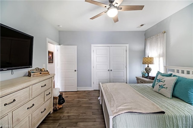 bedroom featuring dark hardwood / wood-style flooring, a closet, and ceiling fan