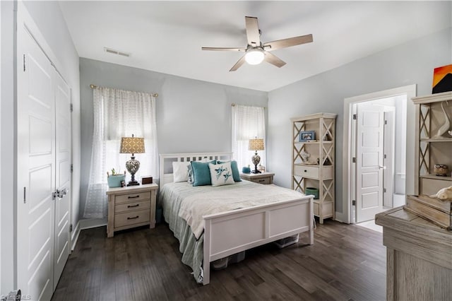 bedroom with dark wood-type flooring, ceiling fan, and a closet