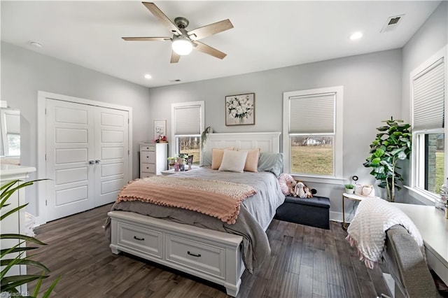 bedroom featuring multiple windows, dark wood-type flooring, a closet, and ceiling fan