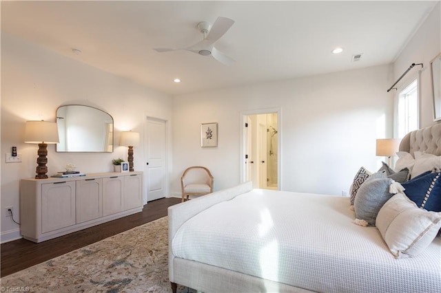 bedroom featuring visible vents, dark wood-type flooring, a ceiling fan, and recessed lighting