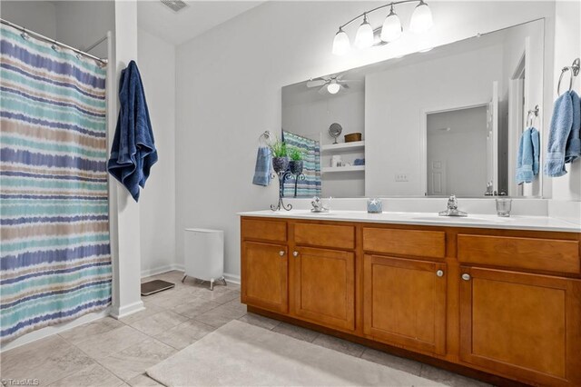 bathroom featuring ceiling fan, walk in shower, toilet, and tile patterned floors