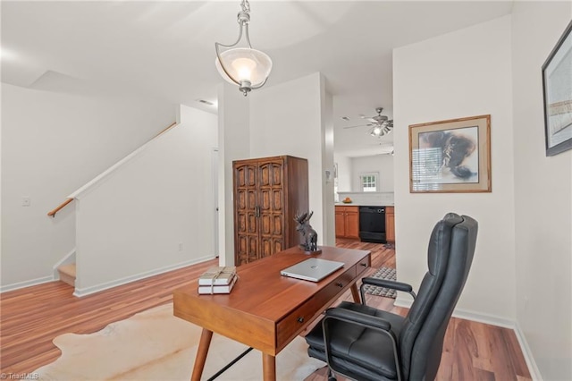 office area featuring ceiling fan and light wood-type flooring